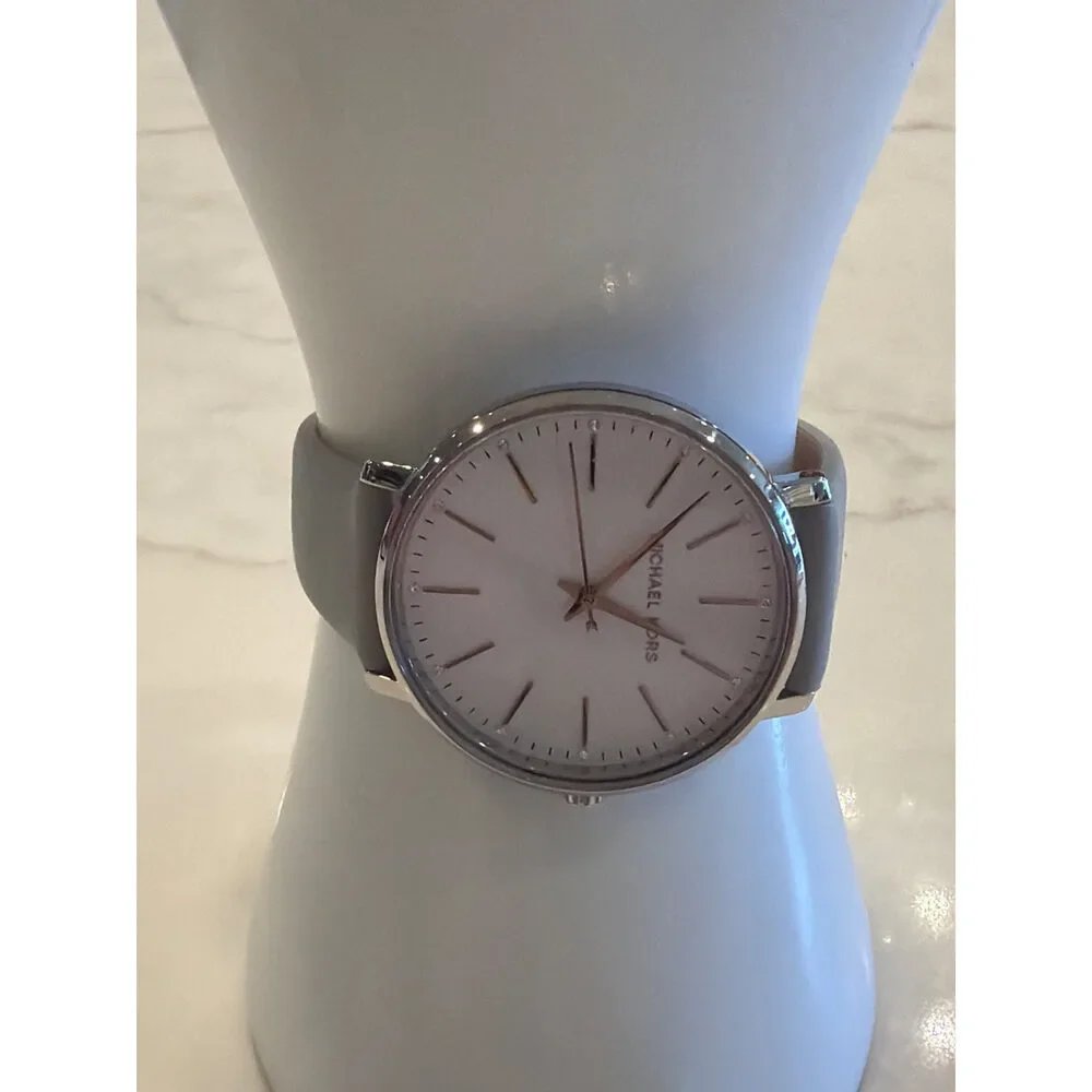 Michael Kors Pyper Watch Gray Leather Strap Rose Gold Accents